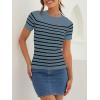 imageZESICA Womens Short Sleeve Crewneck Striped T Shirt 2025 Summer Ribbed Knit Slim Fit Casual Basic Tee TopsDarkblue