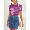 imageZESICA Womens Short Sleeve Crewneck Striped T Shirt 2025 Summer Ribbed Knit Slim Fit Casual Basic Tee TopsMagenta