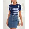 imageZESICA Womens Short Sleeve Crewneck Striped T Shirt 2025 Summer Ribbed Knit Slim Fit Casual Basic Tee TopsNavy