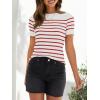 imageZESICA Womens Short Sleeve Crewneck Striped T Shirt 2025 Summer Ribbed Knit Slim Fit Casual Basic Tee TopsRed