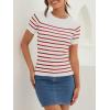 imageZESICA Womens Short Sleeve Crewneck Striped T Shirt 2025 Summer Ribbed Knit Slim Fit Casual Basic Tee TopsRed