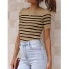 imageZESICA Womens Short Sleeve Crewneck Striped T Shirt 2025 Summer Ribbed Knit Slim Fit Casual Basic Tee TopsToffee