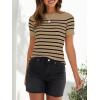 imageZESICA Womens Short Sleeve Crewneck Striped T Shirt 2025 Summer Ribbed Knit Slim Fit Casual Basic Tee TopsToffee