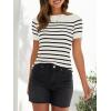 imageZESICA Womens Short Sleeve Crewneck Striped T Shirt 2025 Summer Ribbed Knit Slim Fit Casual Basic Tee TopsWhite