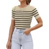 imageZESICA Womens Short Sleeve Crewneck Striped T Shirt 2025 Summer Ribbed Knit Slim Fit Casual Basic Tee TopsAlmond