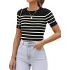 imageZESICA Womens Short Sleeve Crewneck Striped T Shirt 2025 Summer Ribbed Knit Slim Fit Casual Basic Tee TopsBlack