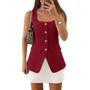 imageZESICA Womens 2025 Summer Casual Sleeveless Suit Vest Square Neck Button Down Work Business Blazer Vests WaistcoatDark Red