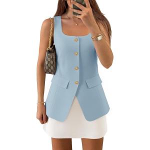 imageZESICA Womens 2025 Summer Casual Sleeveless Suit Vest Square Neck Button Down Work Business Blazer Vests WaistcoatSky