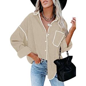 imageZESICA Womens Corduroy Shacket Jacket Long Sleeve Button Down Shirt Oversized Blouses Tops with PocketsApricot