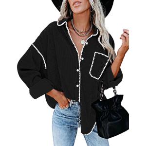 imageZESICA Womens Corduroy Shacket Jacket Long Sleeve Button Down Shirt Oversized Blouses Tops with PocketsBlack