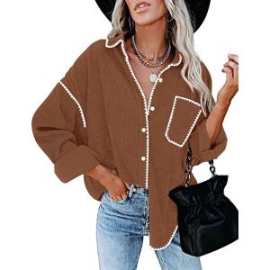 imageZESICA Womens Corduroy Shacket Jacket Long Sleeve Button Down Shirt Oversized Blouses Tops with PocketsBrown