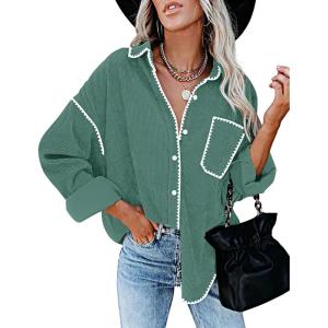 imageZESICA Womens Corduroy Shacket Jacket Long Sleeve Button Down Shirt Oversized Blouses Tops with PocketsGreen