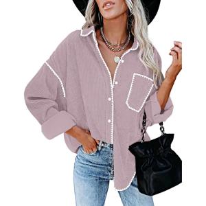 imageZESICA Womens Corduroy Shacket Jacket Long Sleeve Button Down Shirt Oversized Blouses Tops with PocketsPurple
