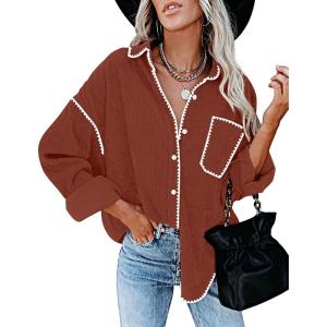 imageZESICA Womens Corduroy Shacket Jacket Long Sleeve Button Down Shirt Oversized Blouses Tops with PocketsRust