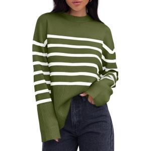 imageZESICA Womens Fall Winter Striped Long Sleeve Crew Neck Ribbed Knit Side Slit Oversized Pullover Sweater Jumper TopArmygreen