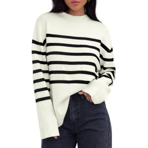 imageZESICA Womens Fall Winter Striped Long Sleeve Crew Neck Ribbed Knit Side Slit Oversized Pullover Sweater Jumper TopBeige