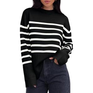 imageZESICA Womens Fall Winter Striped Long Sleeve Crew Neck Ribbed Knit Side Slit Oversized Pullover Sweater Jumper TopBlack