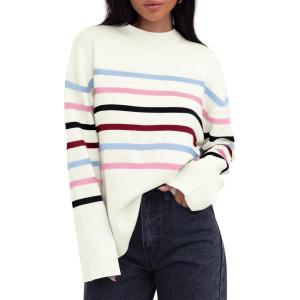 imageZESICA Womens Fall Winter Striped Long Sleeve Crew Neck Ribbed Knit Side Slit Oversized Pullover Sweater Jumper TopBluepink