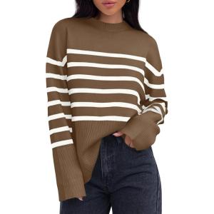 imageZESICA Womens Fall Winter Striped Long Sleeve Crew Neck Ribbed Knit Side Slit Oversized Pullover Sweater Jumper TopBrown