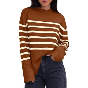 imageZESICA Womens Fall Winter Striped Long Sleeve Crew Neck Ribbed Knit Side Slit Oversized Pullover Sweater Jumper TopCaramel