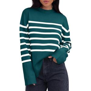 imageZESICA Womens Fall Winter Striped Long Sleeve Crew Neck Ribbed Knit Side Slit Oversized Pullover Sweater Jumper TopDarkgreen