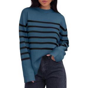 imageZESICA Womens Fall Winter Striped Long Sleeve Crew Neck Ribbed Knit Side Slit Oversized Pullover Sweater Jumper TopDustyblue