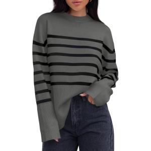 imageZESICA Womens Fall Winter Striped Long Sleeve Crew Neck Ribbed Knit Side Slit Oversized Pullover Sweater Jumper TopGrey