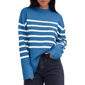 imageZESICA Womens Fall Winter Striped Long Sleeve Crew Neck Ribbed Knit Side Slit Oversized Pullover Sweater Jumper TopLakeblue