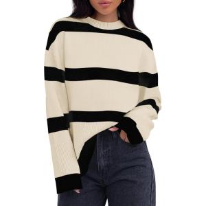 imageZESICA Womens Fall Winter Striped Long Sleeve Crew Neck Ribbed Knit Side Slit Oversized Pullover Sweater Jumper TopNatural