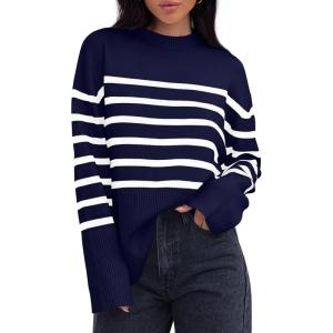 imageZESICA Womens Fall Winter Striped Long Sleeve Crew Neck Ribbed Knit Side Slit Oversized Pullover Sweater Jumper TopNavy