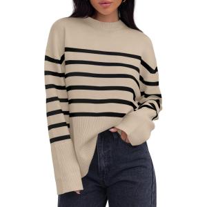 imageZESICA Womens Fall Winter Striped Long Sleeve Crew Neck Ribbed Knit Side Slit Oversized Pullover Sweater Jumper TopOats