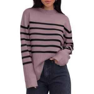 imageZESICA Womens Fall Winter Striped Long Sleeve Crew Neck Ribbed Knit Side Slit Oversized Pullover Sweater Jumper TopPurple