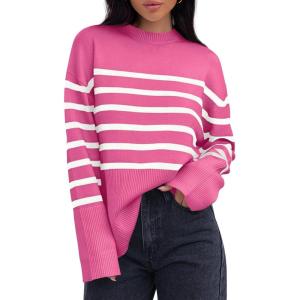 imageZESICA Womens Fall Winter Striped Long Sleeve Crew Neck Ribbed Knit Side Slit Oversized Pullover Sweater Jumper TopRose