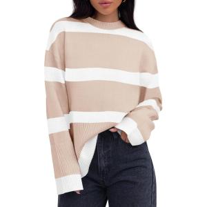 imageZESICA Womens Fall Winter Striped Long Sleeve Crew Neck Ribbed Knit Side Slit Oversized Pullover Sweater Jumper TopSand