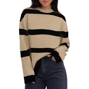 imageZESICA Womens Fall Winter Striped Long Sleeve Crew Neck Ribbed Knit Side Slit Oversized Pullover Sweater Jumper TopTan