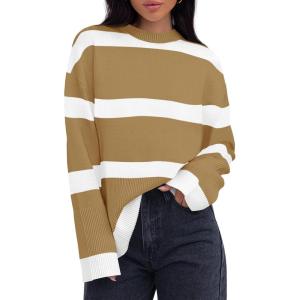 imageZESICA Womens Fall Winter Striped Long Sleeve Crew Neck Ribbed Knit Side Slit Oversized Pullover Sweater Jumper TopToffee