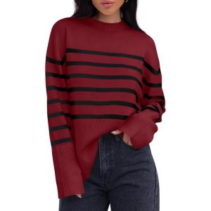 imageZESICA Womens Fall Winter Striped Long Sleeve Crew Neck Ribbed Knit Side Slit Oversized Pullover Sweater Jumper TopWine
