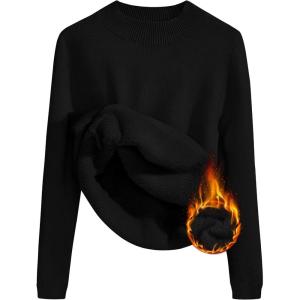 imageZESICA Womens Fleece Sherpa Lined Sweater Winter Thermal Shirts Long Sleeve Mock Neck Slim Fitted Pullover TopsBlack