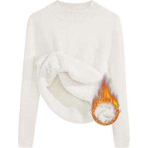 imageZESICA Womens Fleece Sherpa Lined Sweater Winter Thermal Shirts Long Sleeve Mock Neck Slim Fitted Pullover TopsWhite