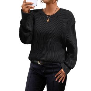 imageZESICA Womens Oversized Long Sleeve Crew Neck Sweaters Ribbed Knit Tops Casual Pullover SweaterBlack