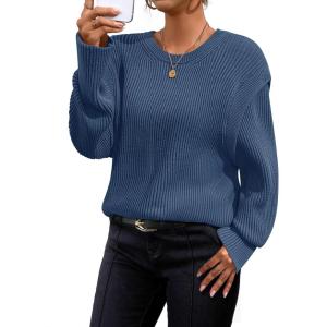 imageZESICA Womens Oversized Long Sleeve Crew Neck Sweaters Ribbed Knit Tops Casual Pullover SweaterDark Blue