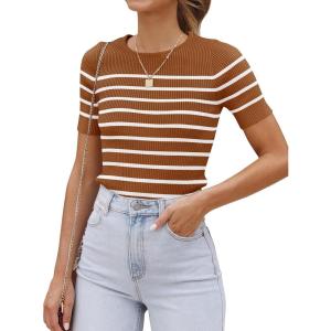 imageZESICA Womens Short Sleeve Crewneck Striped T Shirt 2025 Summer Ribbed Knit Slim Fit Casual Basic Tee TopsBrown