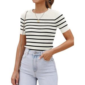 imageZESICA Womens Short Sleeve Crewneck Striped T Shirt 2025 Summer Ribbed Knit Slim Fit Casual Basic Tee TopsWhite