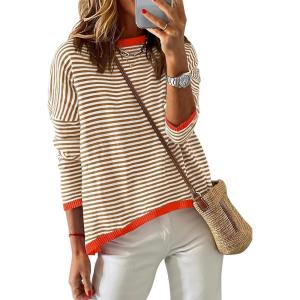 imageZESICA Womens Spring Striped Sweaters Long Sleeve Crew Neck Shirts Color Block Lightweight Pullover TopsBrown
