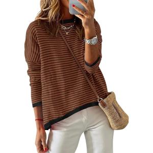 imageZESICA Womens Spring Striped Sweaters Long Sleeve Crew Neck Shirts Color Block Lightweight Pullover TopsCoffee