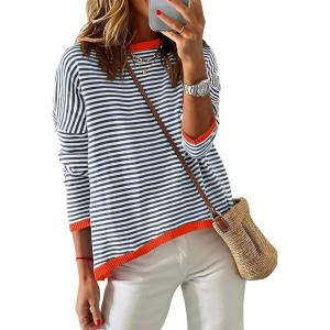 imageZESICA Womens Spring Striped Sweaters Long Sleeve Crew Neck Shirts Color Block Lightweight Pullover TopsDark Blue