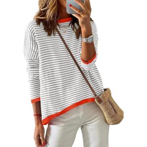 imageZESICA Womens Spring Striped Sweaters Long Sleeve Crew Neck Shirts Color Block Lightweight Pullover TopsGrey