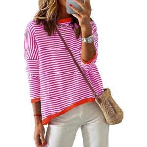 imageZESICA Womens Spring Striped Sweaters Long Sleeve Crew Neck Shirts Color Block Lightweight Pullover TopsRose