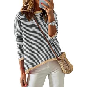 imageZESICA Womens Spring Striped Sweaters Long Sleeve Crew Neck Shirts Color Block Lightweight Pullover TopsStripe Grey