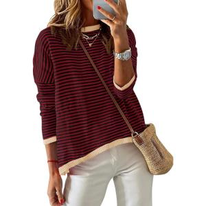 imageZESICA Womens Spring Striped Sweaters Long Sleeve Crew Neck Shirts Color Block Lightweight Pullover TopsWineblack